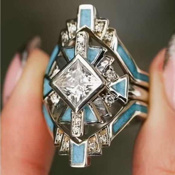 🩵 NEW & Unique Silver 3 piece Filigree and Aqua blue Fashion Ring 🩵 - Picture 6 of 6